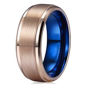 Mens Tungsten Wedding Band (8mm). Rose Gold w/ Inner Blue. Tungsten Carbide Ring